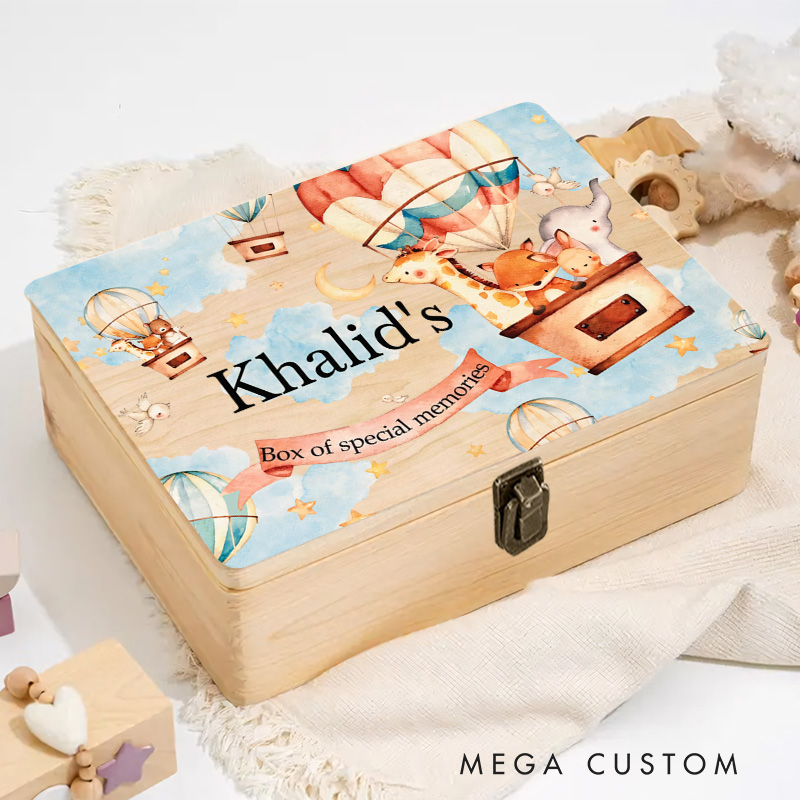 Personalized Hot Air Balloon Animal Adventure Keepsake Memory Box Baptism Gift Birth Present