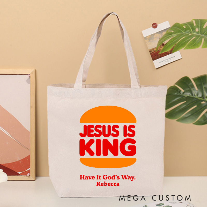 Personalized Jesus is King Christian Canvas Tote Bag with Name Fun Burger Jesus Tote Bag Faith Tote Bag Religious Gift Christian Gift for Jesus Lovers