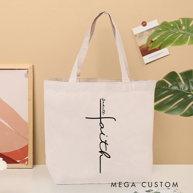 Personalized Faith Cross Christian Canvas Tote Bag with Name Cursive Faith Handwritten as A Cross Tote Bag Faith Tote Bag Christian Gift Faith Gift