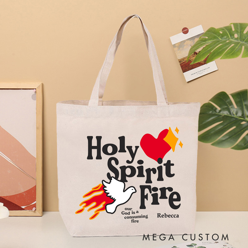 Personalized Holy Spirit Fire Christian Canvas Tote Bag with Name Our God is A Consuming Fire Tote Bag Dove Tote Bag Christian Gift Faith Based Gift