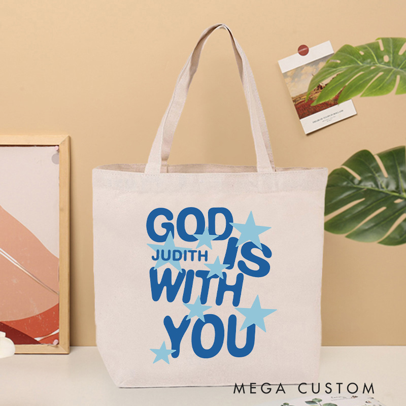 Personalized God Is with You Christian Canvas Tote Bag with Name Star with God Tote Bag God Tote Bag Religious Gift Christian Gift for Jesus Lovers