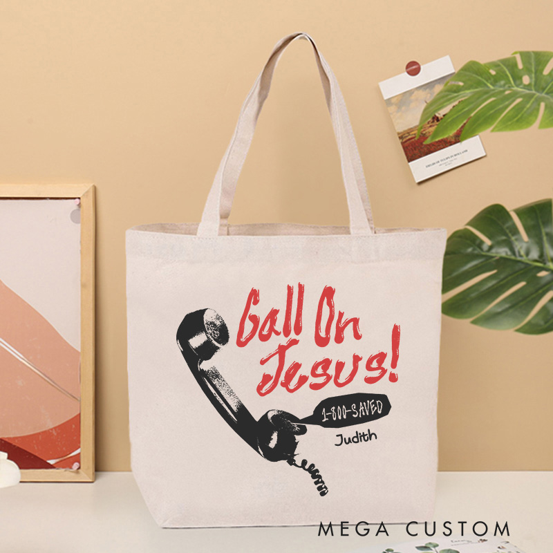 Personalized Call on Jesus Christian Canvas Tote Bag with Name Retro Telephone Tote Bag Jesus Tote Bag Religious Gift Christian Gift for Jesus Lovers