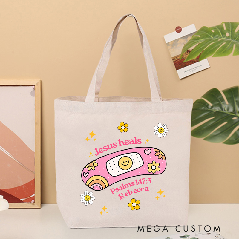Personalized Jesus Heals Canvas Tote Bag with Name Christian Psalms 147:3 Bible Verse Tote Bag Cute Bandage Tote Bag Christian Gift for Jesus Lover