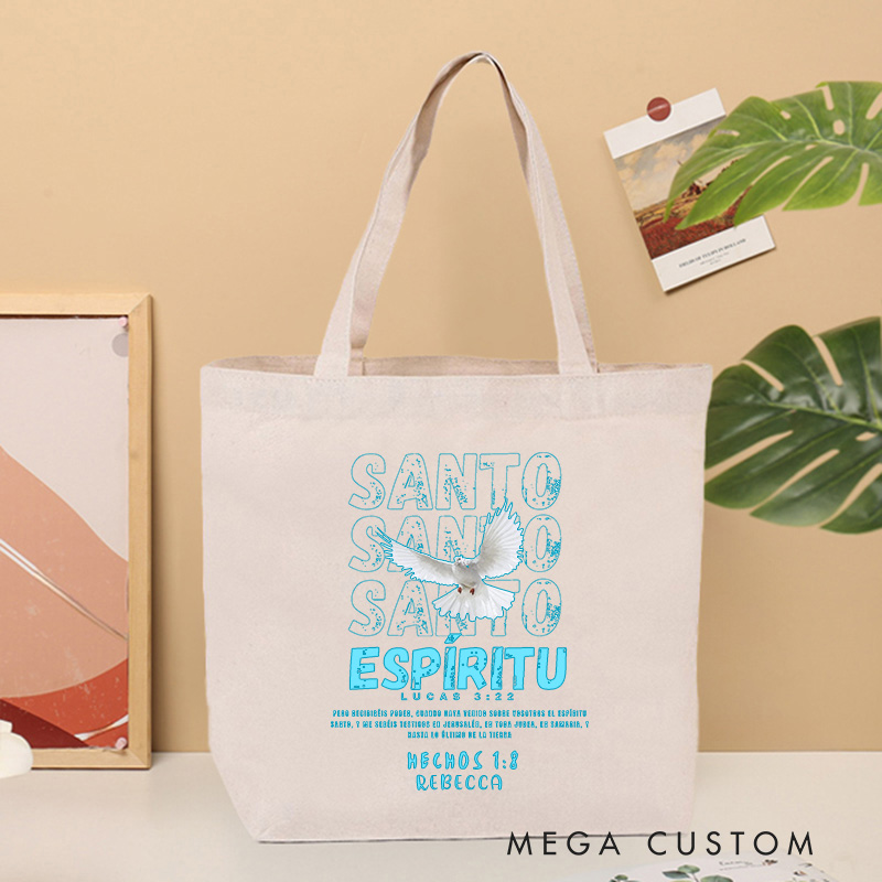 Personalized Santo Espíritu Holy Spirit Canvas Tote Bag with Name Christian Acts 1:8 Bible Verse Tote Bag Dove Tote Bag Religious Faith Based Gift