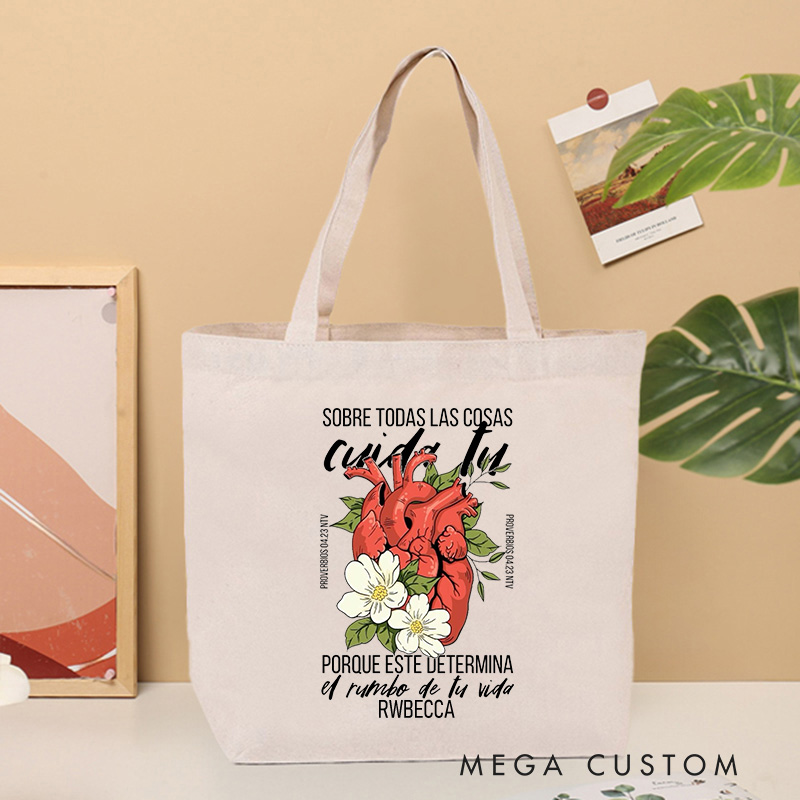Personalized Above All Else Guard Your Heart Canvas Tote Bag with Name Christian Proverbs 4:23 Bible Verse Tote Bag Heart and Flowers Tote Bag Gift