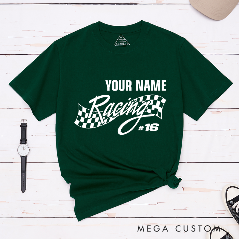 Personalized Racing T-Shirt with Dynamic Checkered Flag for Outdoor Adventures Riding Cycling Biking Enthusiasts