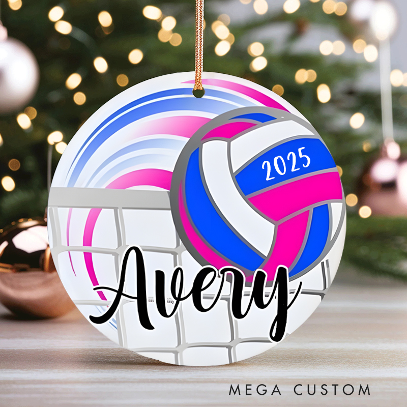 Personalized Volleyball Christmas Ornament with Custom Name Year and Net Design Perfect for Athletes