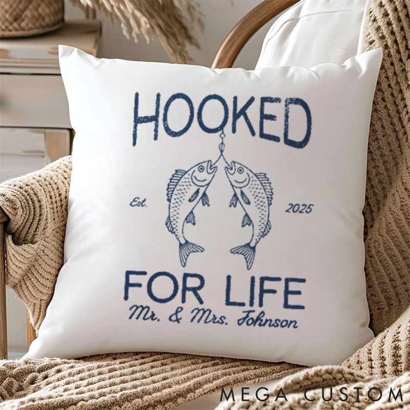 Personalized Hooked for Life Pillow Fishing Themed Gift for Couples