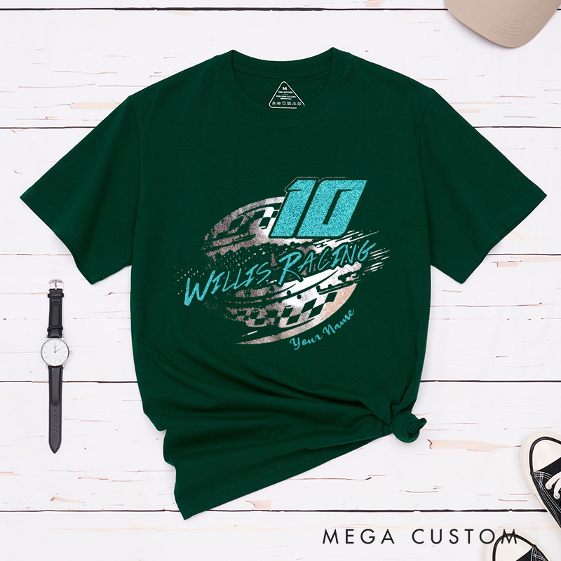 Personalized Custom Racing T-Shirt Eye-Catching Speed Graphic with Checkered Flag and Bold Colors for Outdoor Adventures Riding Cycling Biking Enthusiasts