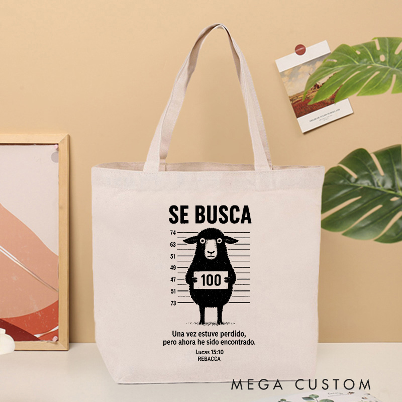 Personalized Se Busca Wanted Canvas Tote Bag with Name Christian Lucas 15:10 Bible Verse Tote Bag Once I was Lost But Now I am Found Sheep Tote Bag