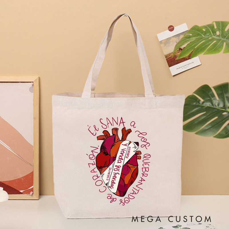 Personalized Jesus Heals Canvas Tote Bag with Name Christian Psalms 147:3 Bible Verse Tote Bag Heart Bandage Tote Bag Jesus Tote Bag Christian Gift