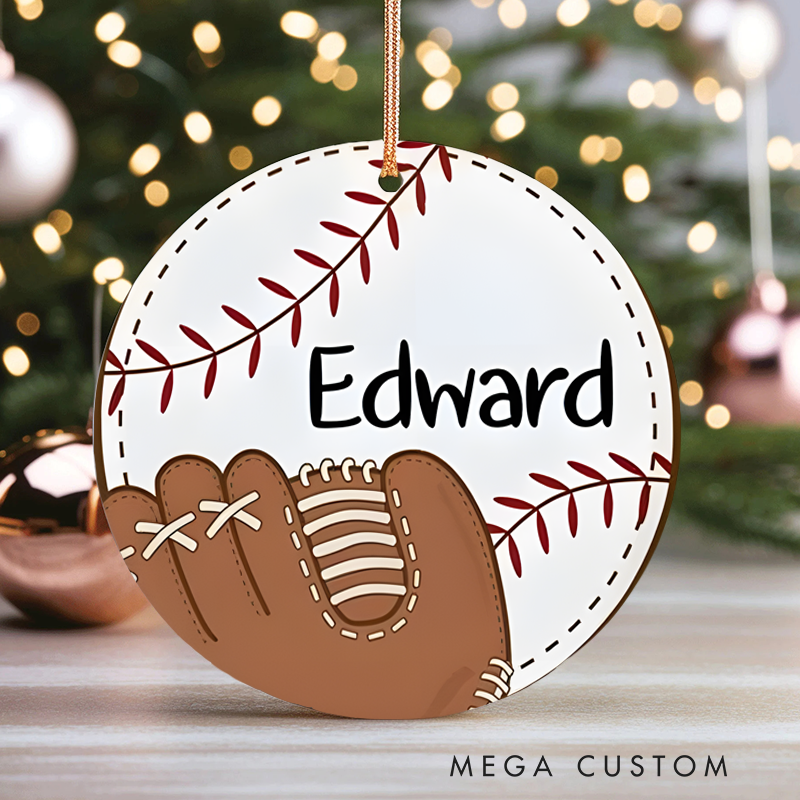 Personalized Baseball Christmas Ornament with Custom Name Glove and Ball Stitching Design for Sports Lovers