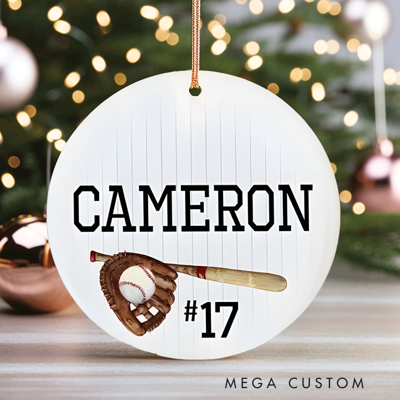 Personalized Baseball Christmas Ornament with Custom Name Number Bat Glove and Ball Design for Players and Fans