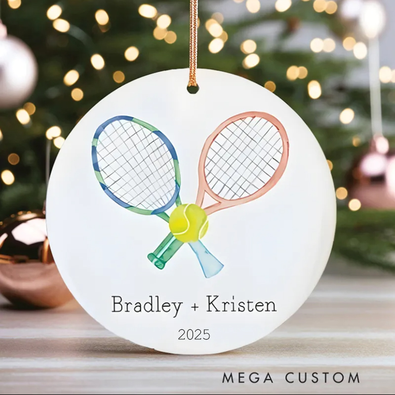 Personalized Tennis Christmas Ornament with Custom Names Year and Racket Design for Couples or Tennis Fans