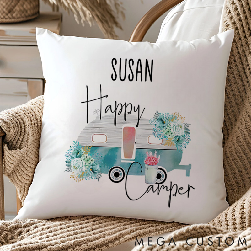Personalised Happy Camper RV Pillow Camping Traveling Hiking Lover Pillow Gift Outdoor