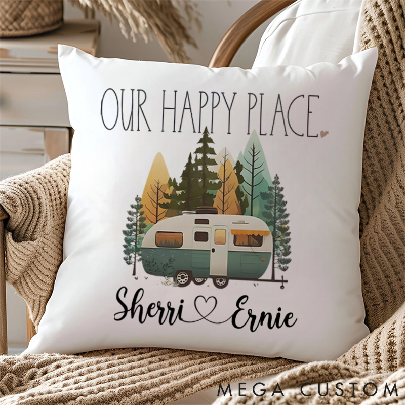 Personalised Our Happy Place Cute Camping Pillows Camping Traveling Hiking Lover Pillow Gift Outdoor