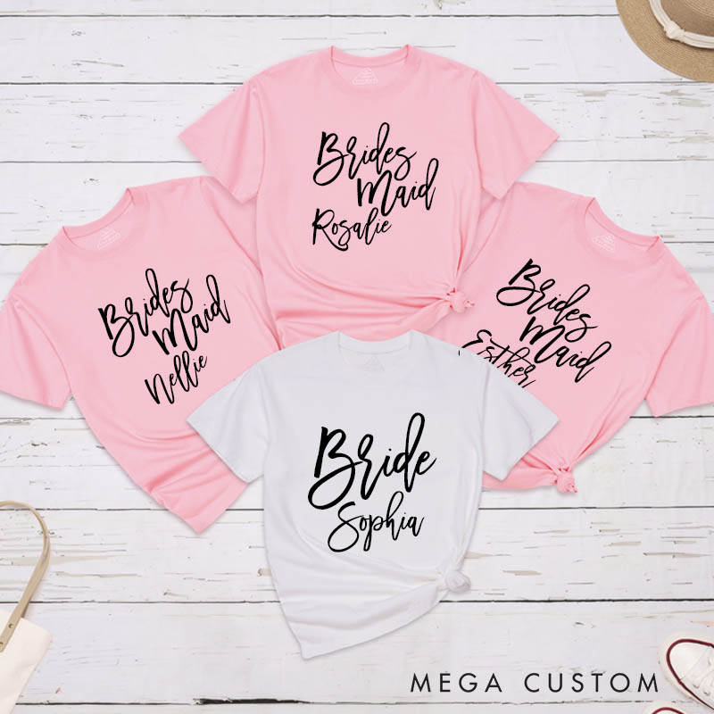 Personalized Bride Matching T-Shirt Bridesmaid T-Shirt with Name Maid of Honor T-Shirt Bachelorette Party Gift