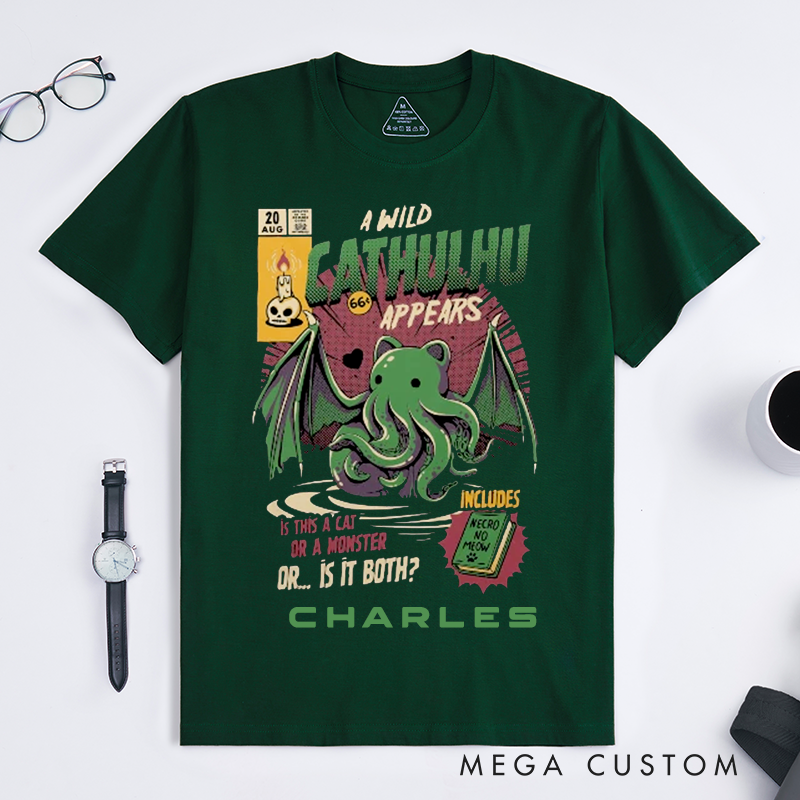 Personalized Cat Monster T-Shirt Classic Unisex Funny Catthulhu Graphic Tee Gift for Cat Lovers Custom Name Shirt Unique Cat Owner Present