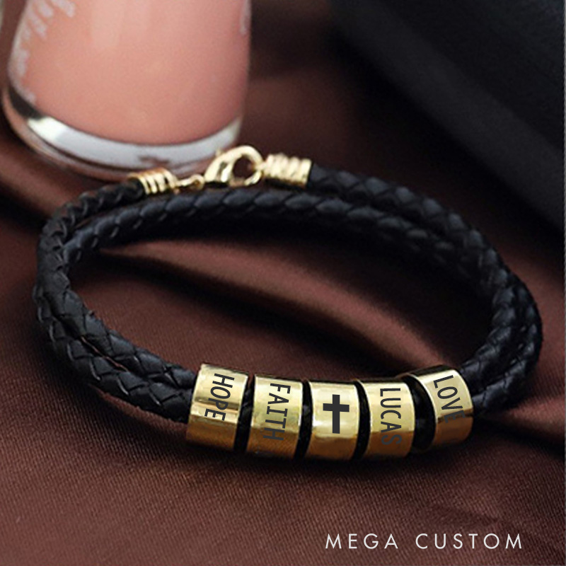 Personalized Braided Leather Bracelet with 1-6 Custom Name Beads for Baptism Birthday Back To School Confirmation Gift for Men Women