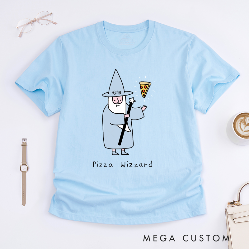 Personalized Pizza Wizard Classic T Shirts Custom Name Gift for Pizza Lovers Unique Fantasy Wizard Magic Tee for Men and Women Birthday Present