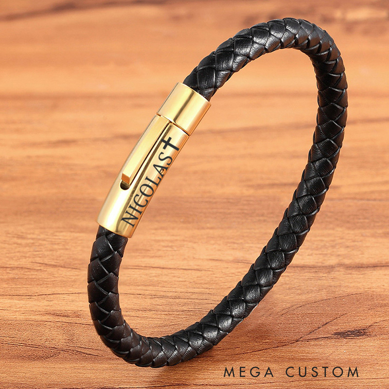 Personalized Braided Leather Bracelet with Custom Name Steel Clasp Religious Jewelry for Men Confirmation Gift Christian Gift for Dad Men Him
