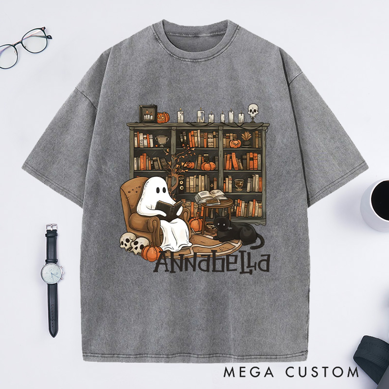 Personalized Retro Ghost Reading Books Washed T-Shirts Book Lover Shirt with Name Halloween Shirt Halloween Gifts Librarian Ghost Shirt