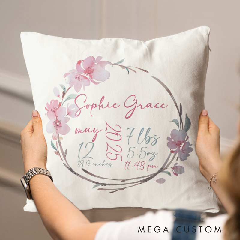 Personalized Floral Baby Girl Birth Stat Throw Pillow Baby Girl Nursery Decor
