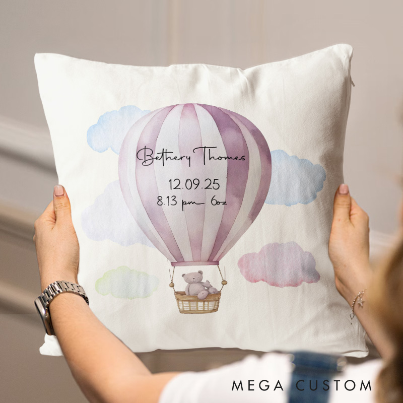 Personalized Balloon Baby Throw Pillow Announcement Gift for New Girls Nursery Decor Ideas