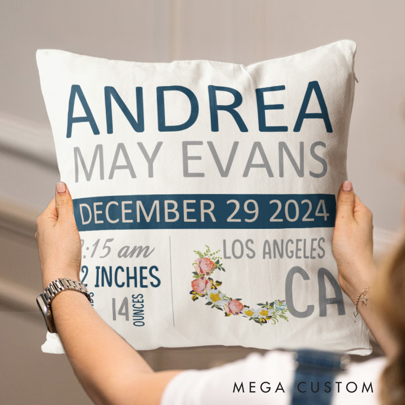Personalized Birth Stats Throw Pillows Highlighting Baby's Name Date Measurements Throw Pillows