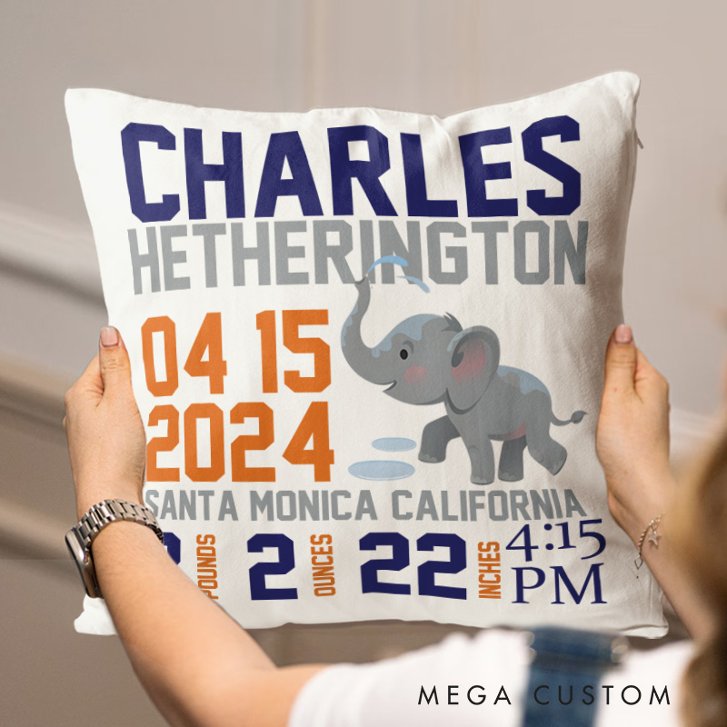 Personalized Elephant Birth Stats Throw Pillows Highlighting Baby's Name And Key Measurements Throw Pillows