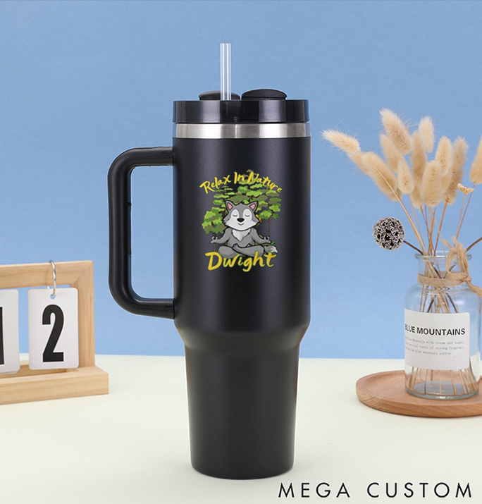 Personalized Yoga Handle Tumbler with Funny Cartoon Design Perfect Gift for Yoga Lover Hot or Cold Drinks