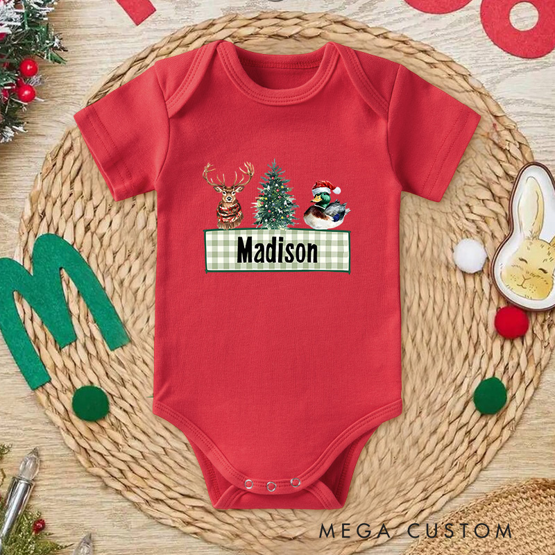 Personalized Holiday Reindeer and Tree Baby Onesie Perfect for Adding Fun to Holiday Family Outfits Baby Onesie