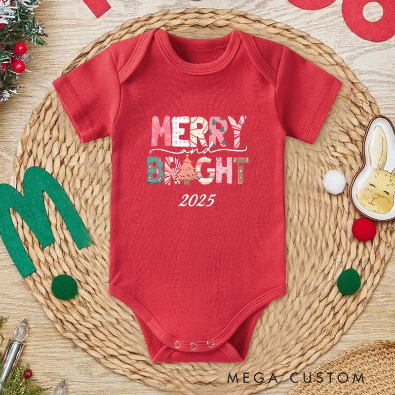 Personalized Merry and Bright Baby Onesie Perfect for a Colorful and Festive Holiday Outfit Baby Onesie