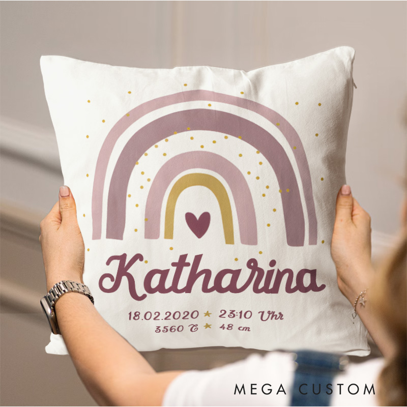 Personalized Pastel Rainbow Baby Birth Stats Keepsake Throw Pillows