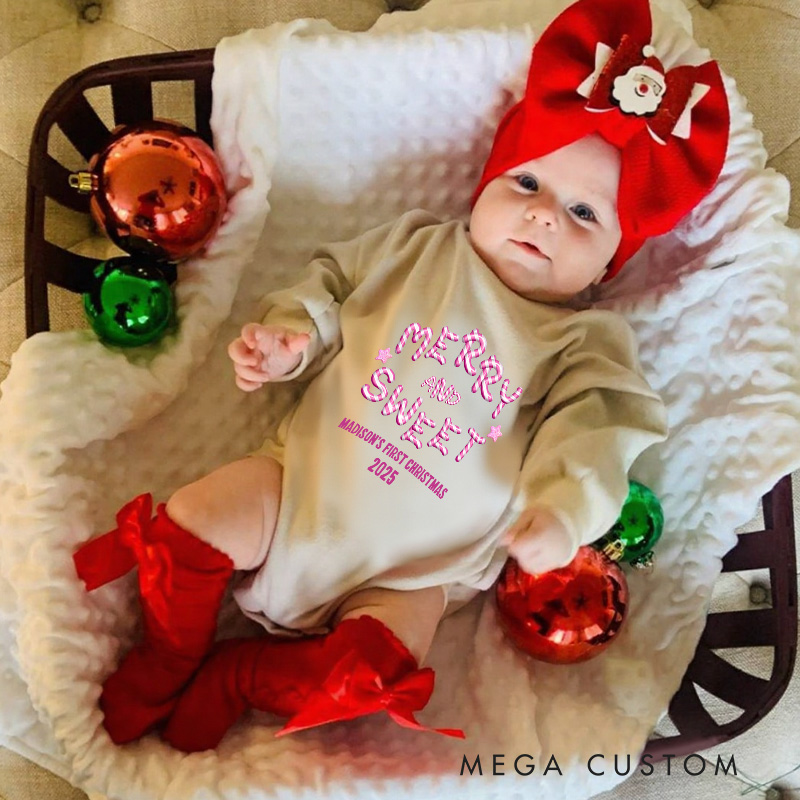 Personalized Merry and Sweet Baby Onesie Perfect for Adding Charm to a Baby’s First Holiday Celebration Baby Bodysuit