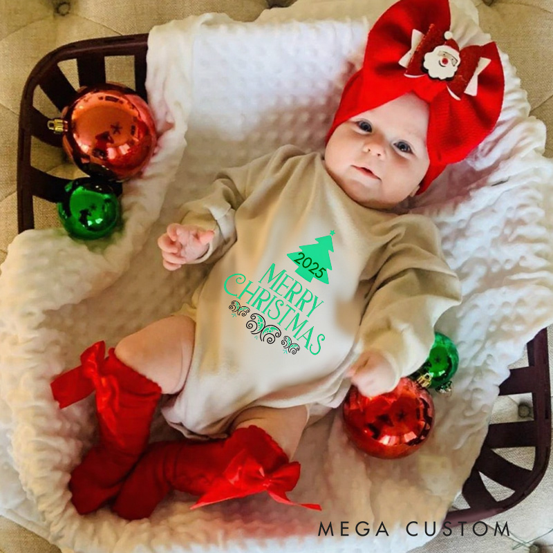 Personalized Merry Christmas Tree Baby Onesie Perfect for Adding Festive Cheer to Holiday Celebrations Baby Bodysuit