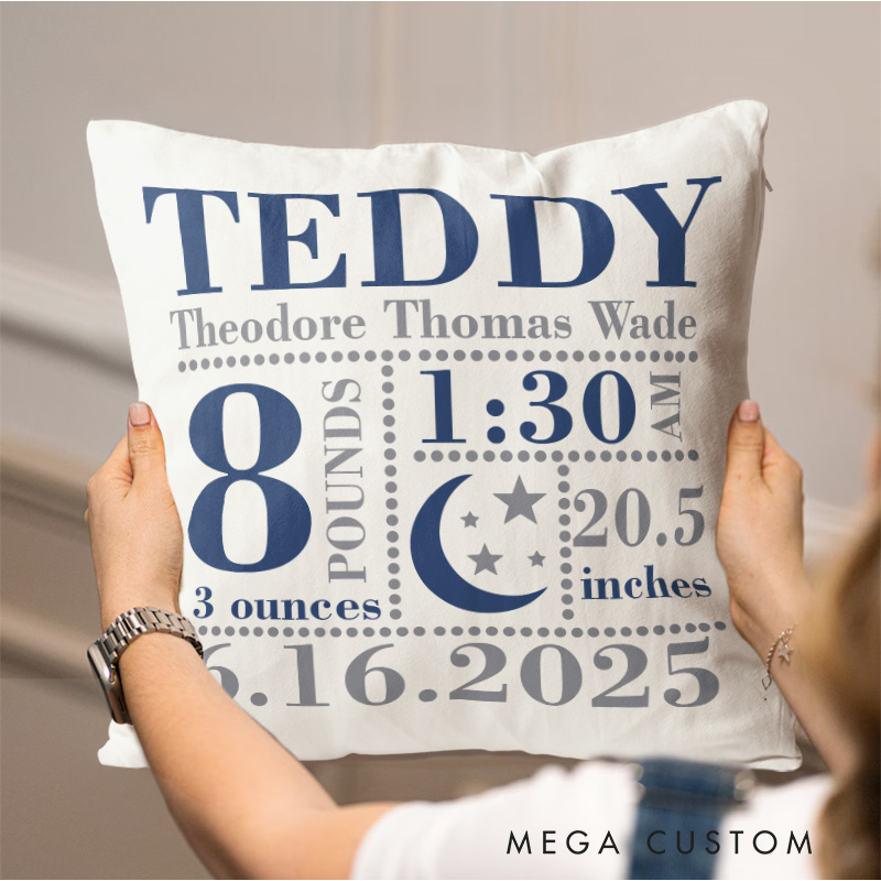 Personalized Boys Birth Announcement  Baby Throw Pillow Moon and Stars in Navy and Grey Pillow