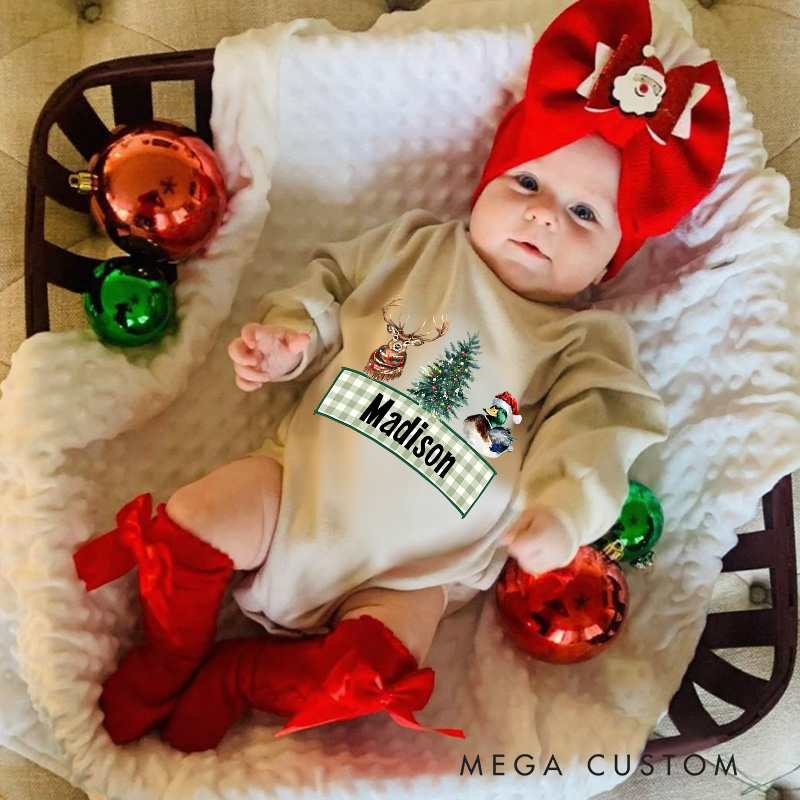 Personalized Holiday Reindeer and Tree Baby Onesie Perfect for Adding Fun to Holiday Family Outfits Baby Bodysuit