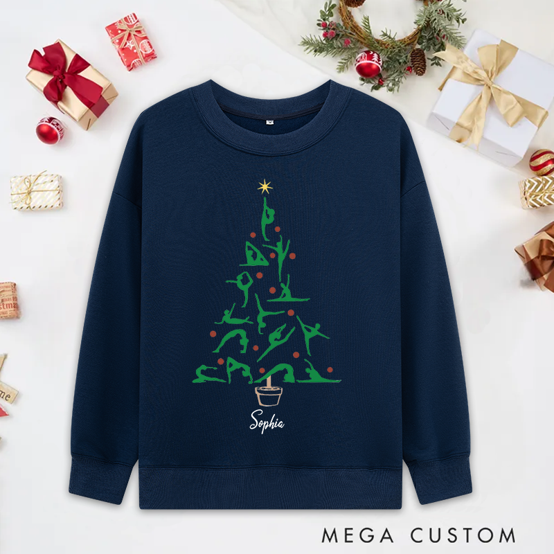 Personalized Christmas Yoga Classic Ugly Sweatshirts with Festive Tree and Yoga Poses Design Perfect for Yoga Lover and Holiday Gift