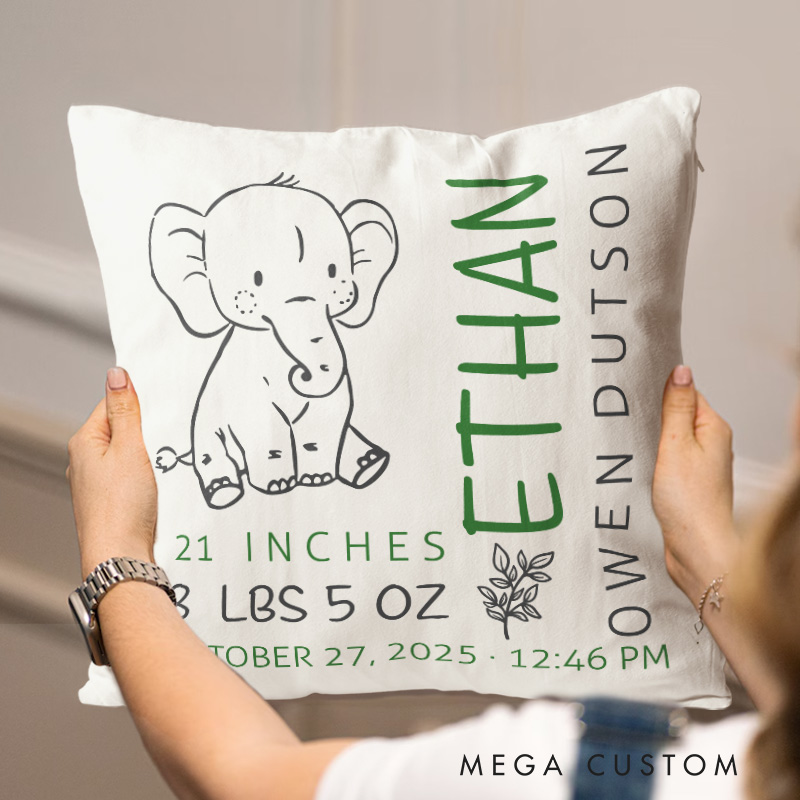 Personalized Woodland Nursery Elephant Birth Stats Baby Throw Pillow Baby Boy Or Girl Gift