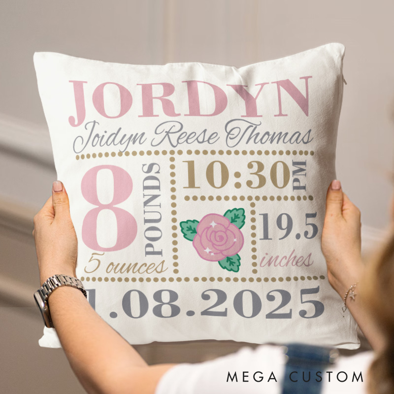 Personalized Girls Birth Announcement Baby Throw Pillow New Mom Gift New Baby Gift
