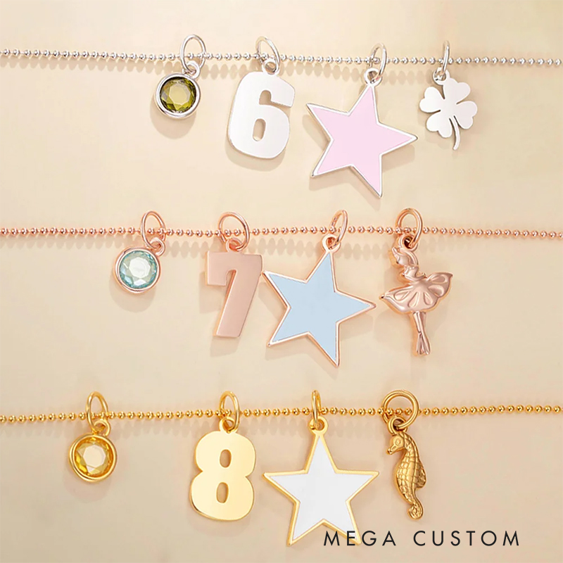 Personalized Star Heart Seahorse Ballerina Pendant Bead Chain Necklace with Birthstone Number and Engraved Name Birthday Gift for Kids Girls