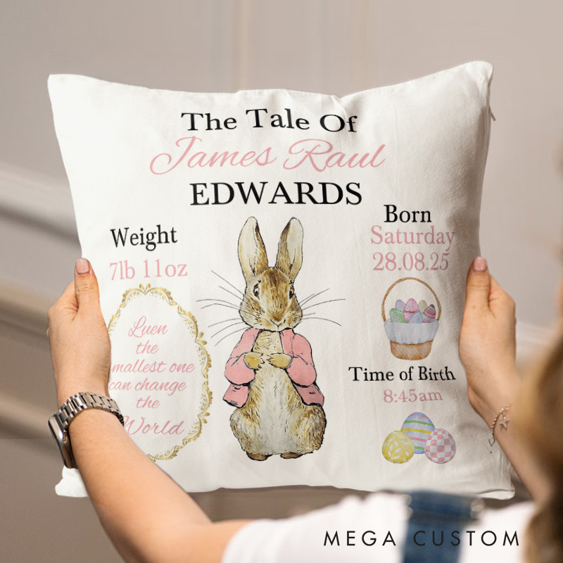 Personalized Peter/Flopsy Rabbit Baby Girl Throw Pillow Keepsake Gift for Christening