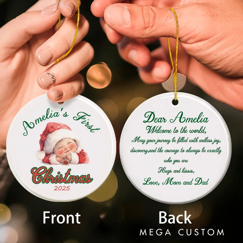 Personalized Baby Pattern Newborn First Christmas Ceramic Ornament with Name Text and Year Home Tree Decor Christmas Gift for Family Baby New Parents