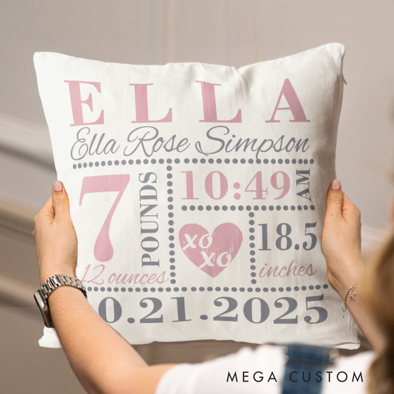 Personalized Baby Girls Birth Announcement Throw Pillow in Baby Pink and Grey with XO Heart