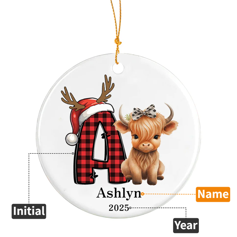 Personalized Highland Cow Christmas Initial Ceramic Ornament with Name and Year Home Decor Christmas Gift for Highland Cow Lover Family Friend