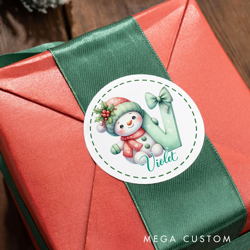 Personalized Cute Cartoon Bow Snowman Stickers Labels with Name and Initial Gift Decor Christmas Party Favors for Family Friend Kid
