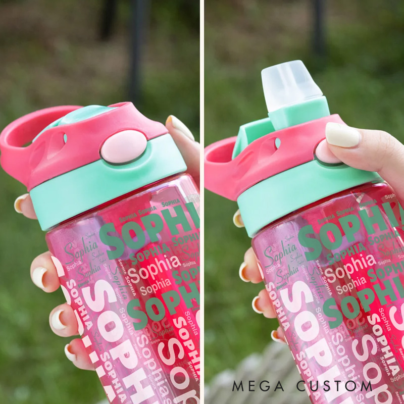Personalized Name Word Cloud 16 oz Kid Water Bottle with Silicone Straw and Handle Back to School Birthday Holiday Gift for Boys Girls