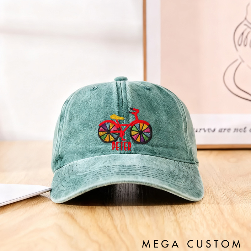 Personalized Rainbow Bicycle Embroidered Hat Colorful Bike Dad Cap Adjustable Black Baseball Cap