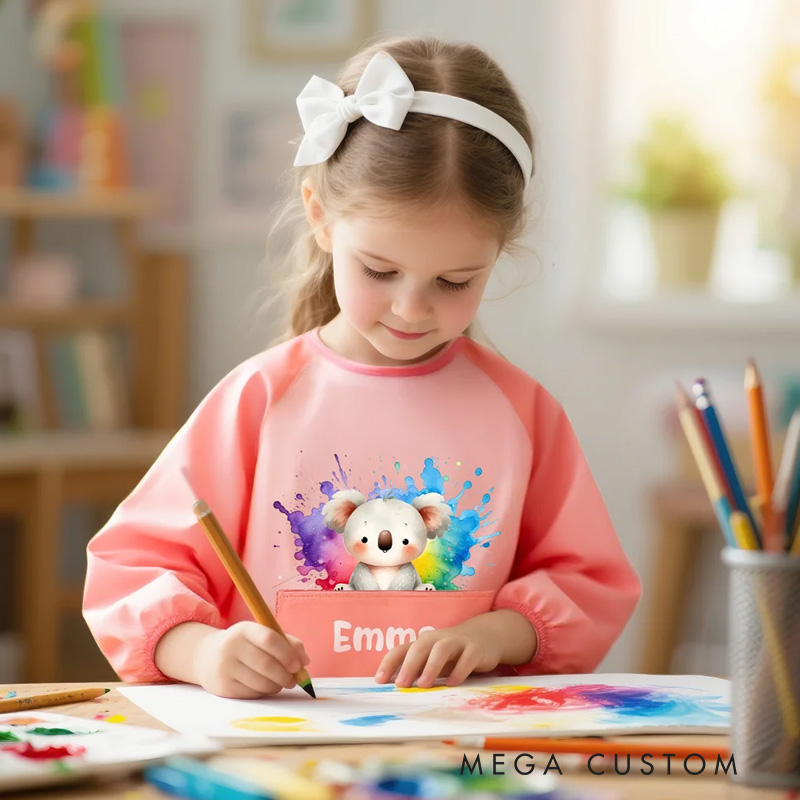 Personalized Cute Animal Foal Koala Waterproof Long Sleeve Kid Apron with Name Handcraft Activities Essential Birthday Gift for Kids